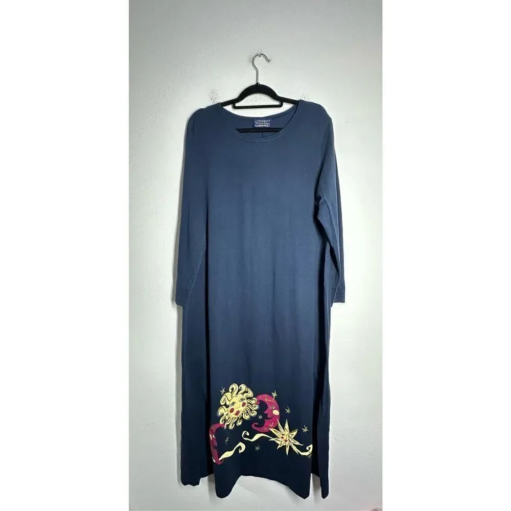 Willow Ridge Vintage 90s Celestial Sun Moon Blue Long Sleeve Maxi Dress Size 1X